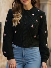 Loose floral embroidered crew neck cardigan