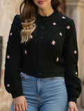 Loose floral embroidered crew neck cardigan