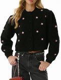 Loose floral embroidered crew neck cardigan