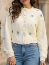 Loose floral embroidered crew neck cardigan