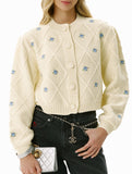 Loose floral embroidered crew neck cardigan