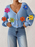 Embroidered flower panel button cardigan