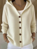 Solid Color Casual Button Knit Hooded Sweater