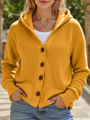 Solid Color Casual Button Knit Hooded Sweater