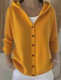 Solid Color Casual Button Knit Hooded Sweater