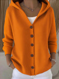 Solid Color Casual Button Knit Hooded Sweater