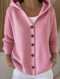 Solid Color Casual Button Knit Hooded Sweater