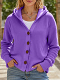 Solid Color Casual Button Knit Hooded Sweater