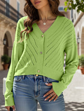 Loose long-sleeved V-neck hollow knit cardigan