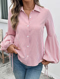 Loose-fitting puff-sleeved collared striped inner shirt