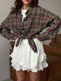 Retro plaid collared long-sleeved cardigan