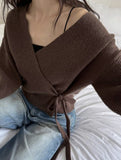 V-neck fitted waist belted knit cardigan