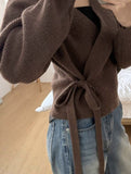 V-neck fitted waist belted knit cardigan