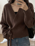 V-neck fitted waist belted knit cardigan