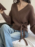 V-neck fitted waist belted knit cardigan