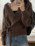 V-neck fitted waist belted knit cardigan