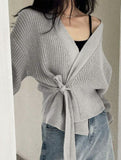 V-neck fitted waist belted knit cardigan