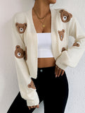 Casual long-sleeved short-length bear knit cardigan