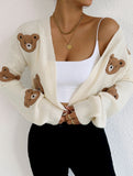 Casual long-sleeved short-length bear knit cardigan