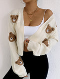 Casual long-sleeved short-length bear knit cardigan