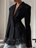 Versatile waist-cinching lace-trimmed suit jacket