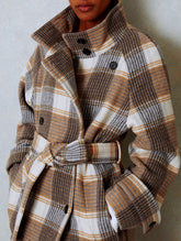 belted waist color-blocked plaid coat