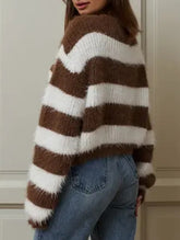Crew neck striped knit cardigan