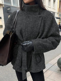 Fashionable belted long-sleeved coat