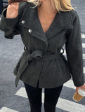 Fashionable belted long-sleeved coat
