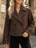 Stylish short belted coat with large lapel