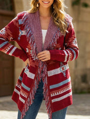 Tassel Geometric Jacquard Cardigan