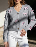 Loose and sweet bow-knitted V-neck cardigan