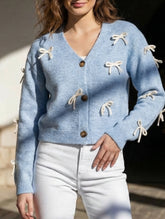 Loose and sweet bow-knitted V-neck cardigan