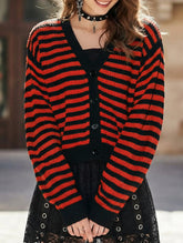 Casual short striped V-neck knit cardigan