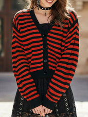 Casual short striped V-neck knit cardigan