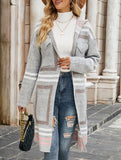 Striped hooded plaid knit cardigan