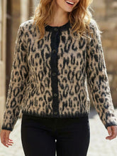 Retro round neck brown leopard print knit cardigan