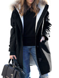 Long hooded women's coat with fur collar