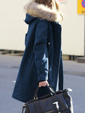 Long hooded women's coat with fur collar