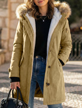 Long hooded women's coat with fur collar