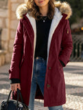 Long hooded women's coat with fur collar