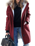 Long hooded women's coat with fur collar