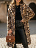 Stylish leopard print plush mid-length coat