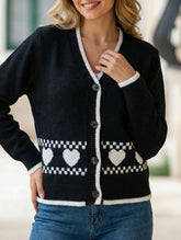 White-trimmed heart-patterned V-neck cardigan