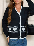 White-trimmed heart-patterned V-neck cardigan