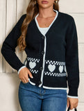 White-trimmed heart-patterned V-neck cardigan