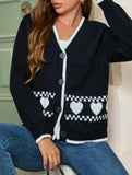 White-trimmed heart-patterned V-neck cardigan