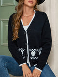 White-trimmed heart-patterned V-neck cardigan