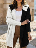 Versatile hooded color-blocked loose-fitting cardigan