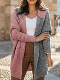 Versatile hooded color-blocked loose-fitting cardigan